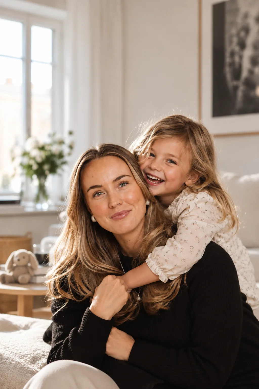 En skrattande flicka kramar sin nanny bakifrån i soffan